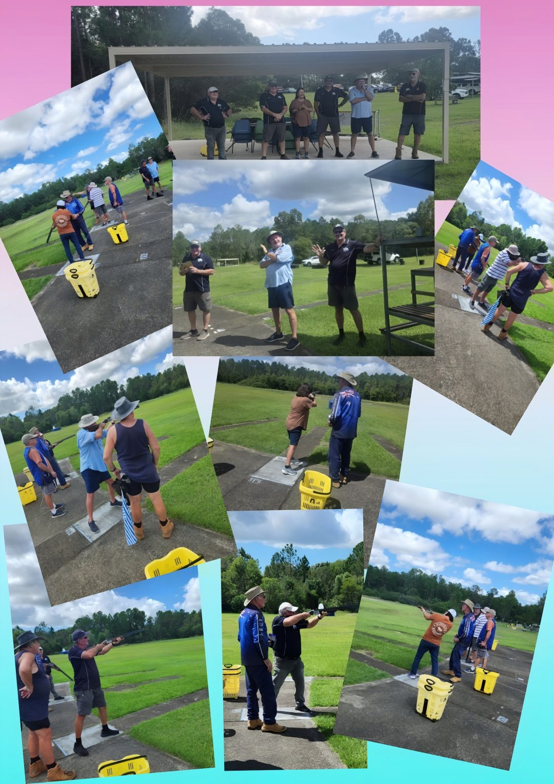 Group at outdoor shooting range practicing clay targets