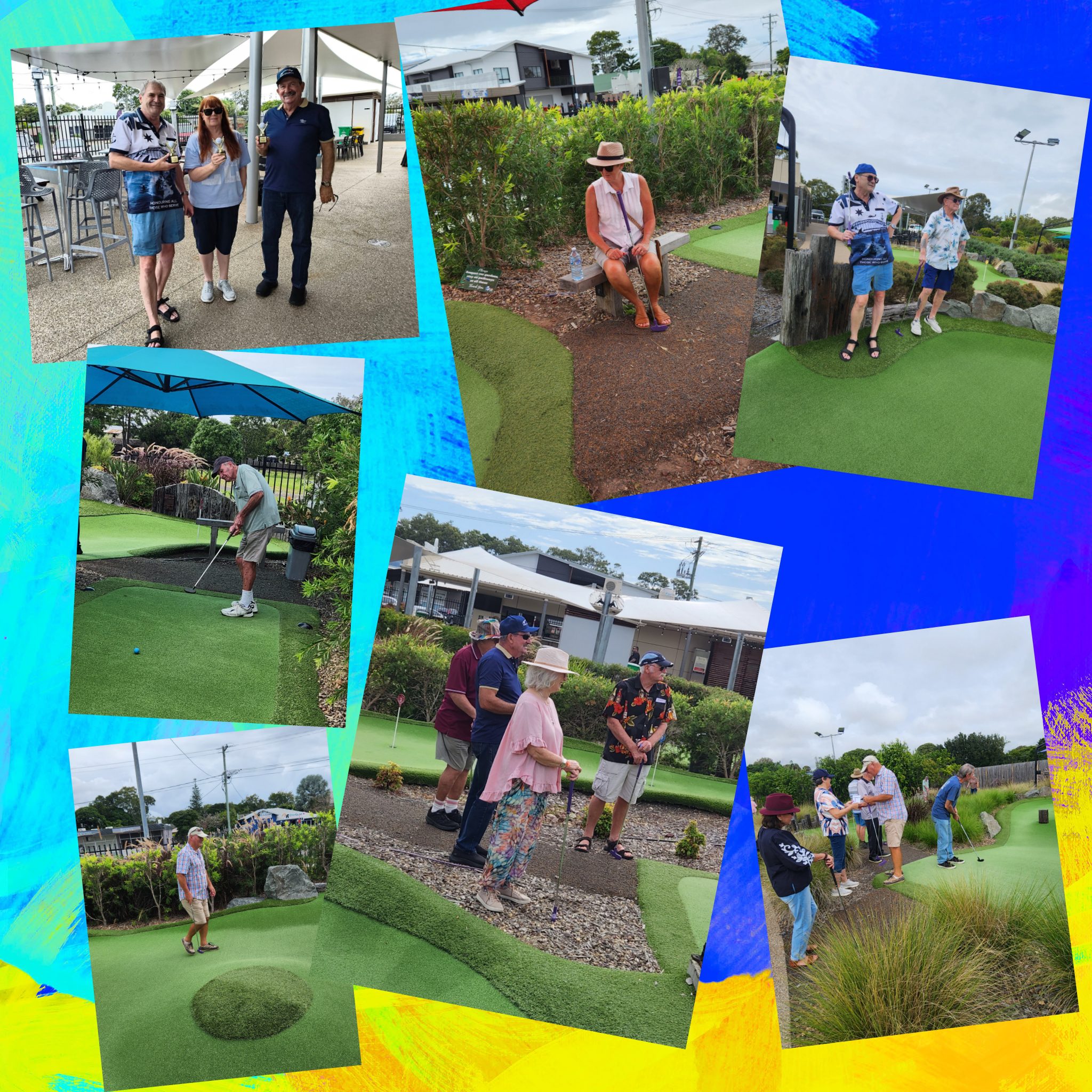 Collage of groups playing outdoor mini golf