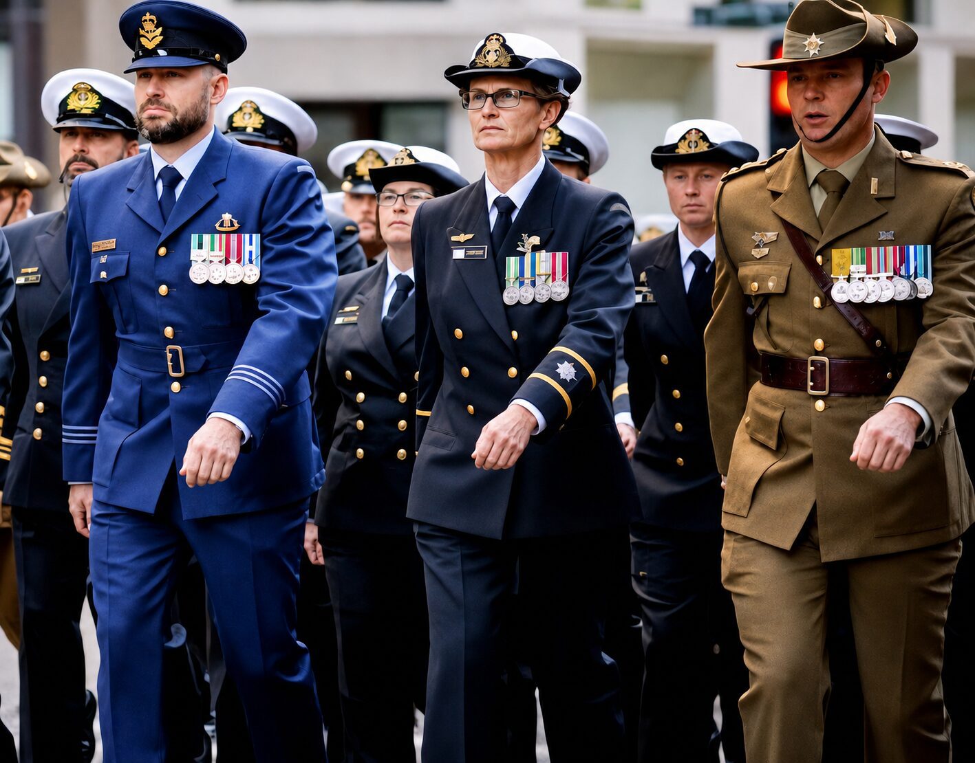 Uniformed military personnel marching with medals